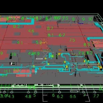A 3d model of a floor plan in red and grey.