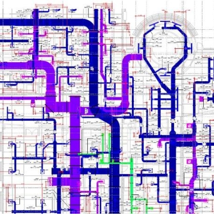 Model of pipe layout and coordination in blue and purple.