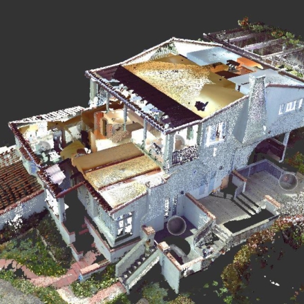 A 3D rendering of a residential home and the property surrounding it.