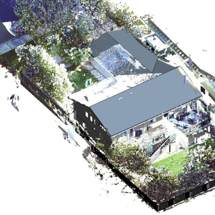 A 3D rendering of a residential home, and the fenced territory around it.